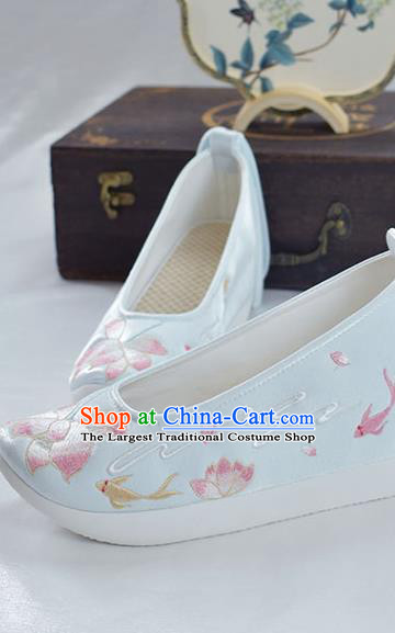 China National Lantern Festival Shoes Traditional Embroidered Lotus Shoes Women Light Blue Cloth Shoes