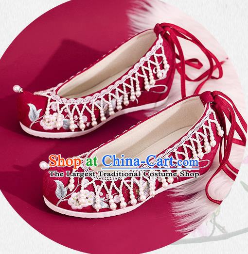 China Red Embroidered Shoes Princess Shoes Traditional Beads Tassel Shoes National Cloth Shoes