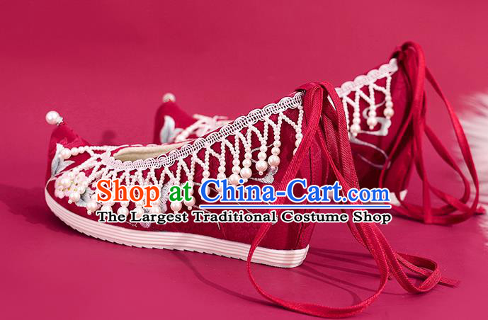 China Red Embroidered Shoes Princess Shoes Traditional Beads Tassel Shoes National Cloth Shoes