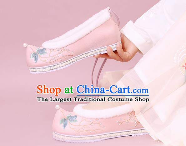 China National Winter Shoes Traditional Hanfu Shoes Embroidered Shoes Pink Cloth Shoes