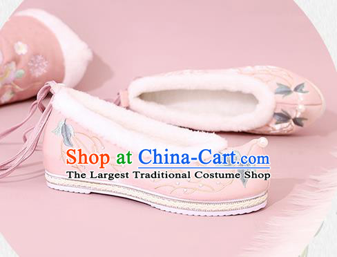 China National Winter Shoes Traditional Hanfu Shoes Embroidered Shoes Pink Cloth Shoes