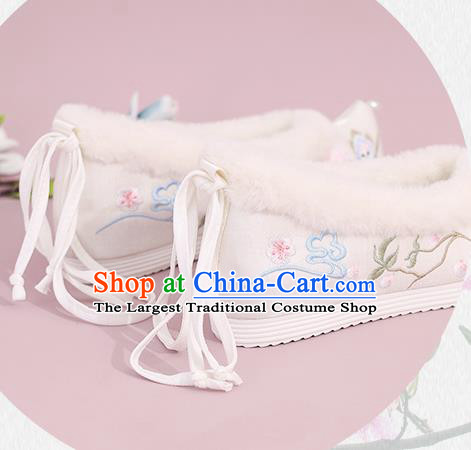 China Embroidered Peach Flowers Shoes National Winter Shoes Traditional Hanfu Princess Shoes White Cloth Shoes
