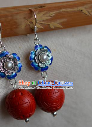 Chinese Ancient Empress Cloisonne Silver Ear Jewelry Traditional Carved Lacquerware Earrings Pearl Accessories