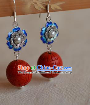 Chinese Ancient Empress Cloisonne Silver Ear Jewelry Traditional Carved Lacquerware Earrings Pearl Accessories