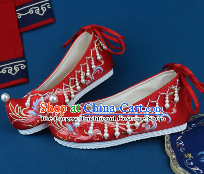 China Traditional Wedding Shoes Pearls Red Cloth Shoes Embroidered Phoenix Shoes