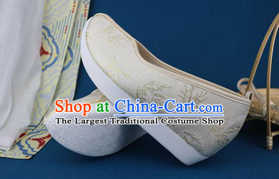 China Traditional Ming Dynasty Beige Brocade Shoes Ancient Princess Shoes