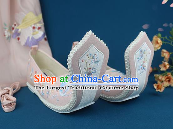 China Traditional Song Dynasty Shoes Handmade Pink Cloth Shoes Ancient Princess Embroidered Shoes