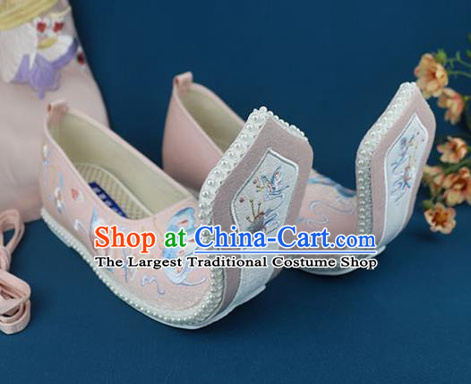 China Traditional Song Dynasty Shoes Handmade Pink Cloth Shoes Ancient Princess Embroidered Shoes