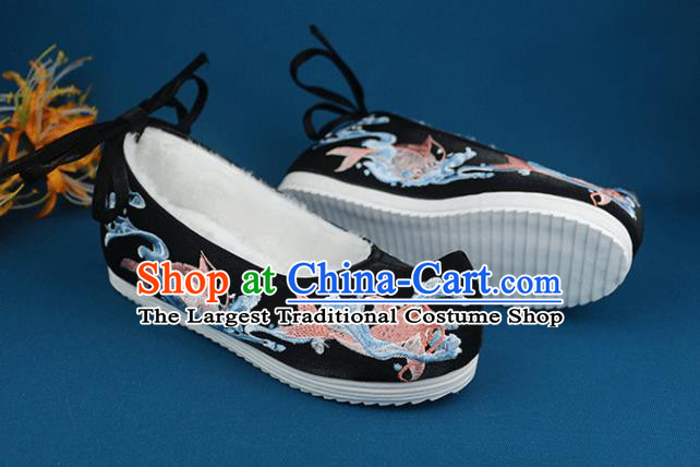 China Handmade Traditional Shoes National Winter Shoes Embroidered Fishes Black Cloth Shoes