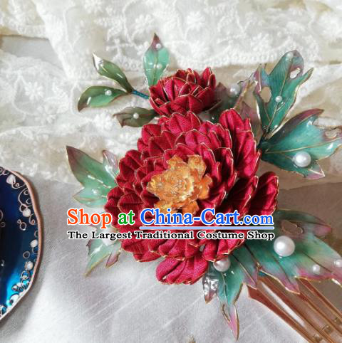Chinese Traditional Hairpin Hanfu Hair Accessories Ancient Tang Dynasty Palace Lady Red Peony Hair Comb