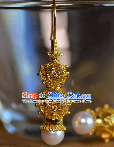 Chinese Ancient Princess Filigree Golden Gourd Ear Jewelry Traditional Ming Dynasty Pearl Earrings Accessories