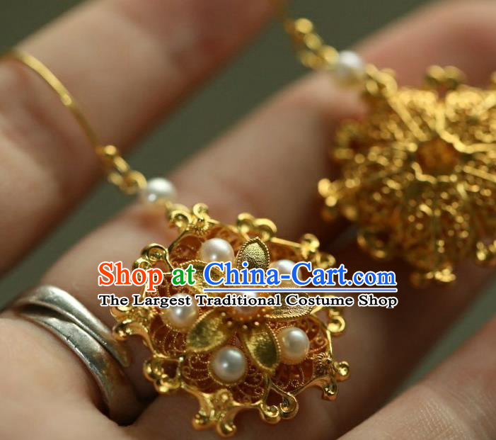 Chinese Ancient Empress Golden Flower Ear Jewelry Traditional Ming Dynasty Pearls Earrings Accessories