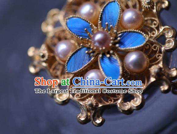 Chinese Traditional Ming Dynasty Pearls Earrings Accessories Ancient Empress Cloisonne Flower Ear Jewelry