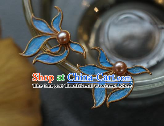 Chinese Traditional Ming Dynasty Silver Earrings Accessories Ancient Empress Cloisonne Orchid Ear Jewelry