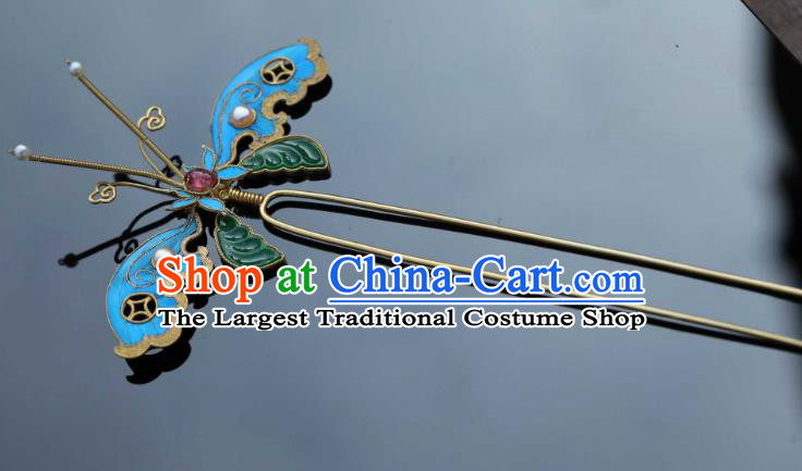 Chinese Handmade Hair Accessories Ancient Ming Dynasty Empress Cloisonne Butterfly Hair Stick Traditional Court Jade Hairpin