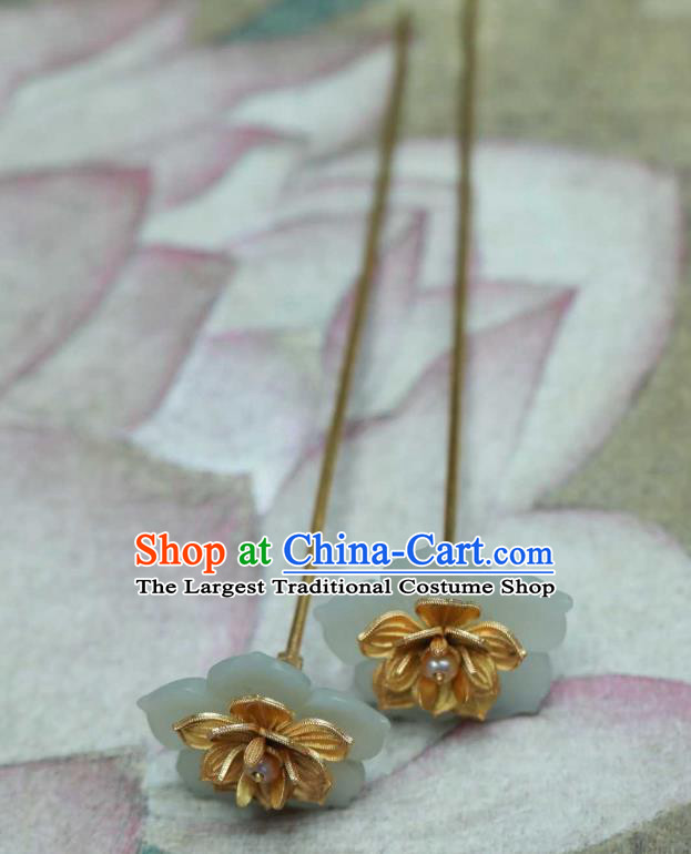 Chinese Ancient Empress Golden Lotus Hair Stick Handmade Hair Accessories Traditional Court Jade Hairpin