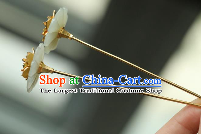 Chinese Ancient Empress Golden Lotus Hair Stick Handmade Hair Accessories Traditional Court Jade Hairpin