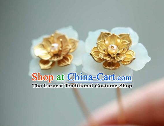 Chinese Ancient Empress Golden Lotus Hair Stick Handmade Hair Accessories Traditional Court Jade Hairpin
