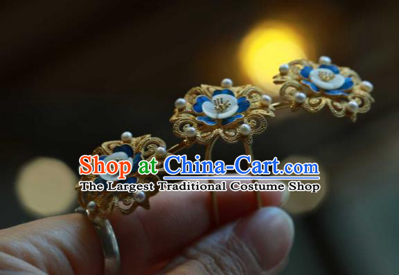 Chinese Traditional Blueing Plum Blossom Hairpin Ancient Qing Dynasty Hair Stick Handmade Hair Accessories