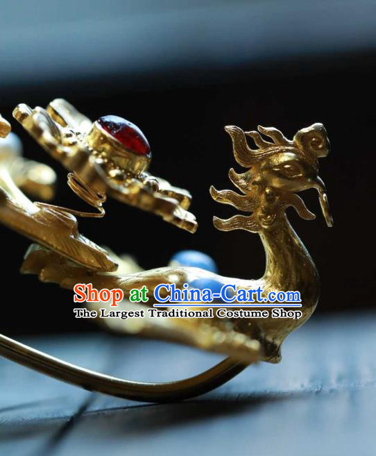 Chinese Traditional Ming Dynasty Gems Hair Crown Handmade Hair Accessories Ancient Empress Golden Phoenix Hairpin