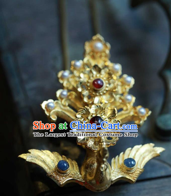 Chinese Traditional Ming Dynasty Gems Hair Crown Handmade Hair Accessories Ancient Empress Golden Phoenix Hairpin