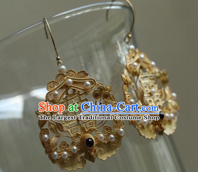 Chinese Ancient Ming Dynasty Empress Pearls Ear Jewelry Traditional Wedding Golden Phoenix Earrings Accessories