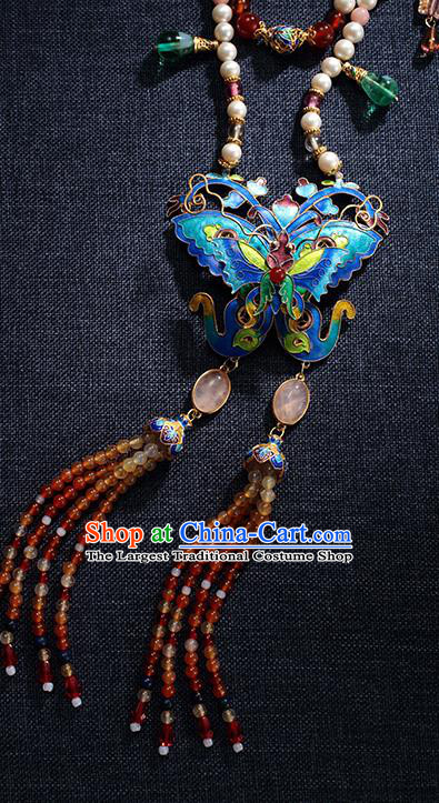 China Traditional Blueing Butterfly Necklace Jewelry Accessories Ming Dynasty Beads Tassel Necklet Pendant
