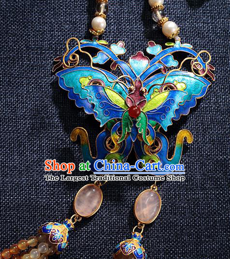 China Traditional Blueing Butterfly Necklace Jewelry Accessories Ming Dynasty Beads Tassel Necklet Pendant