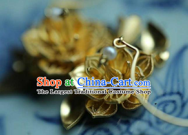 Chinese Traditional Ming Dynasty Tassel Earrings Accessories Ancient Empress Golden Lotus Ear Jewelry