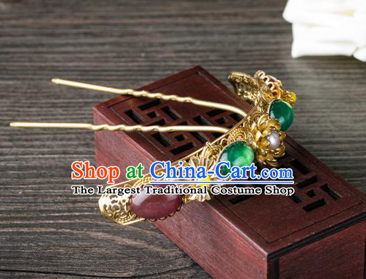Chinese Ancient Court Princess Hair Accessories Traditional Ming Dynasty Palace Lady Chrysoprase Hairpin