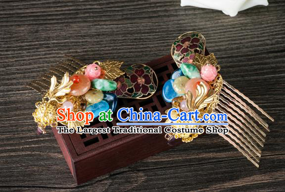 Chinese Ancient Court Princess Cloisonne Hair Comb Traditional Ming Dynasty Palace Lady Rose Quartz Hairpin
