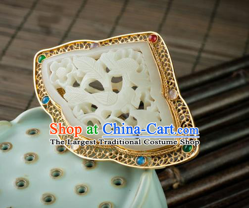 Chinese Ancient Empress Gems Hairpin Traditional Ming Dynasty Jade Carving Plum Hair Crown