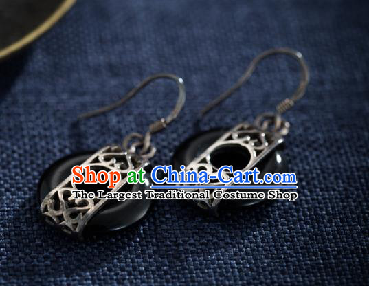 Chinese Traditional Silver Earrings Accessories National Cheongsam Dark Jade Ear Jewelry