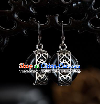 Chinese Traditional Silver Earrings Accessories National Cheongsam Dark Jade Ear Jewelry
