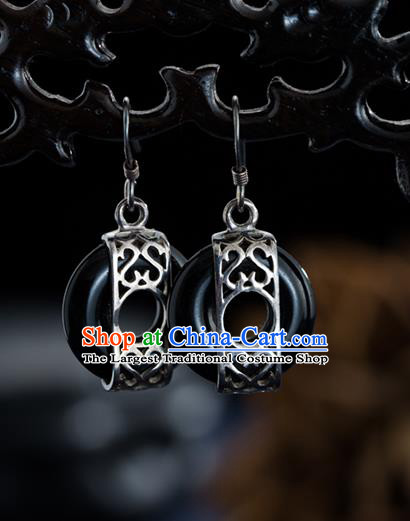 Chinese Traditional Silver Earrings Accessories National Cheongsam Dark Jade Ear Jewelry