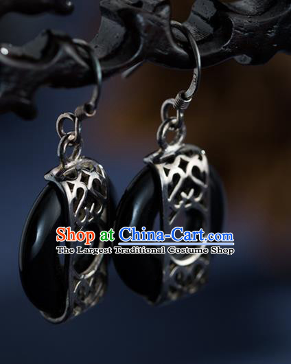 Chinese Traditional Silver Earrings Accessories National Cheongsam Dark Jade Ear Jewelry