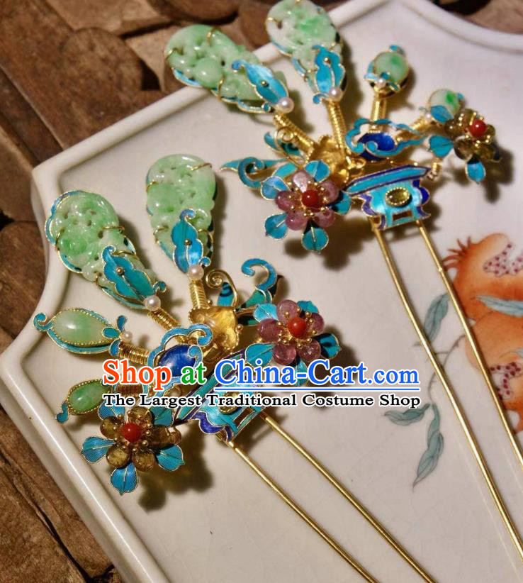 Chinese Ancient Court Empress Cloisonne Hairpin Traditional Qing Dynasty Imperial Concubine Jade Hair Stick