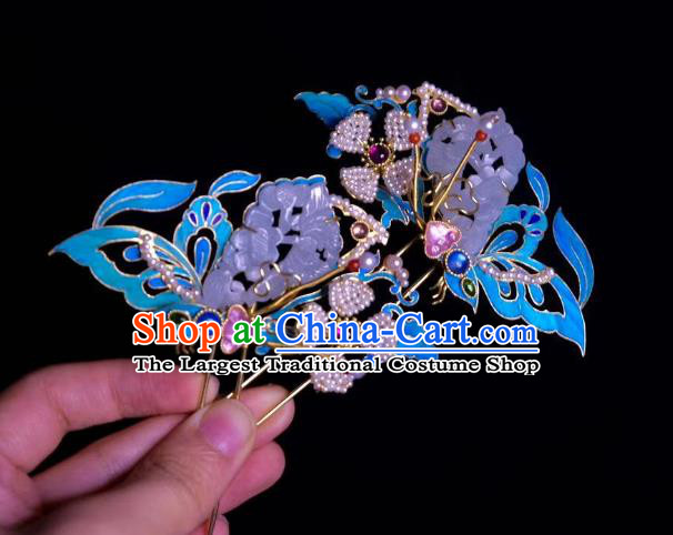 Chinese Hair Jewelry Ancient Princess Jade Hair Stick Traditional Qing Dynasty Blueing Butterfly Hairpin
