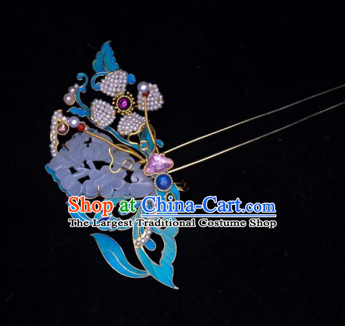 Chinese Hair Jewelry Ancient Princess Jade Hair Stick Traditional Qing Dynasty Blueing Butterfly Hairpin