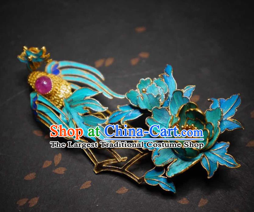 Chinese Traditional Qing Dynasty Cloisonne Phoenix Peony Hairpin Hair Jewelry Ancient Princess Filigree Hair Stick