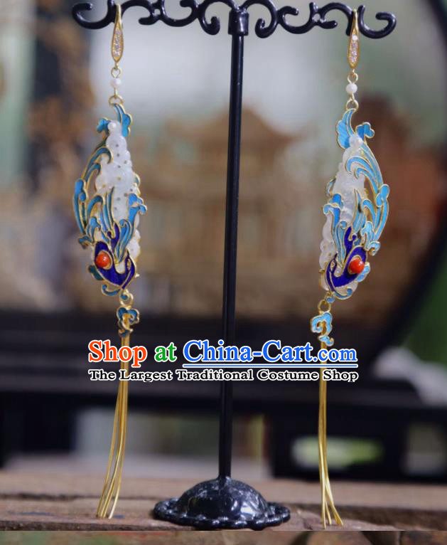Chinese Ancient Queen Blueing Phoenix Ear Accessories Traditional Jewelry Qing Dynasty Empress Jade Earrings