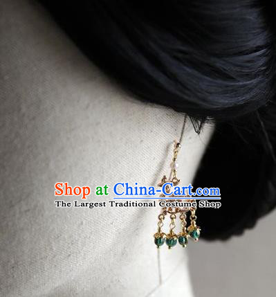 Chinese Ancient Queen Golden Phoenix Ear Jewelry Traditional Ming Dynasty Green Beads Tassel Earrings Accessories