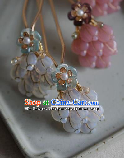 Chinese Ancient Princess Blue Flowers Hairpin Traditional Ming Dynasty Hanfu Pearls Hair Stick