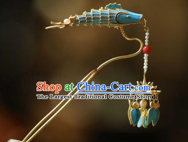 Chinese Traditional Pearls Tassel Hairpin Handmade Hair Accessories Ancient Empress Cloisonne Lotus Fish Hair Stick