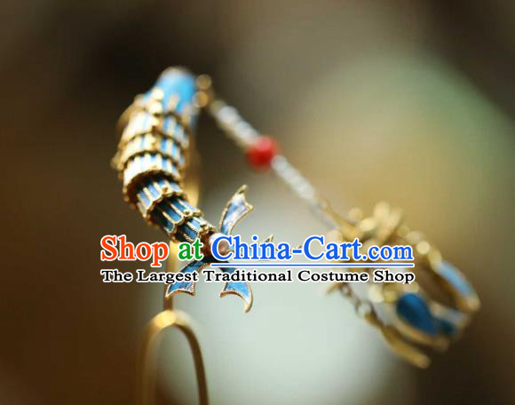 Chinese Traditional Pearls Tassel Hairpin Handmade Hair Accessories Ancient Empress Cloisonne Lotus Fish Hair Stick