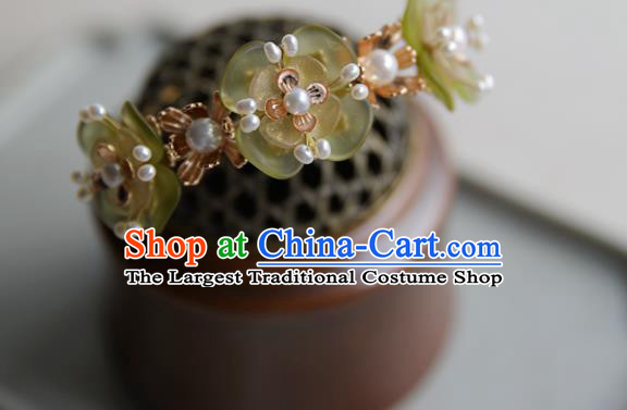 Chinese Ancient Song Dynasty Princess Green Plum Flowers Hairpin Traditional Hanfu Pearls Hair Stick