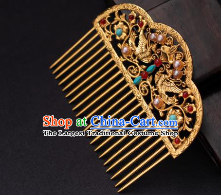 Chinese Traditional Tang Dynasty Empress Pearls Hairpin Ancient Queen Golden Phoenix Hair Comb