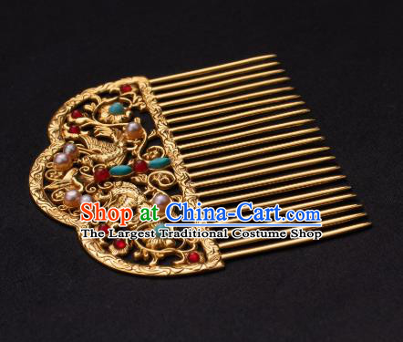 Chinese Traditional Tang Dynasty Empress Pearls Hairpin Ancient Queen Golden Phoenix Hair Comb