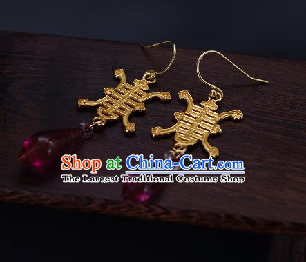 Chinese Ancient Court Empress Wine Red Coloured Glaze Ear Jewelry Traditional Qing Dynasty Earrings Accessories