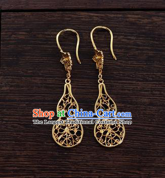Chinese Ancient Queen Filigree Ear Jewelry Traditional Ming Dynasty Golden Gourd Earrings Accessories